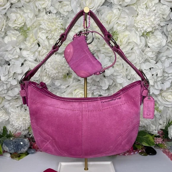 Y2K Vintage Pink Coach Soho Suede Hobo 9658 & Mini Soho Hobo Bag Charm 1659 SET - Picture 4 of 16